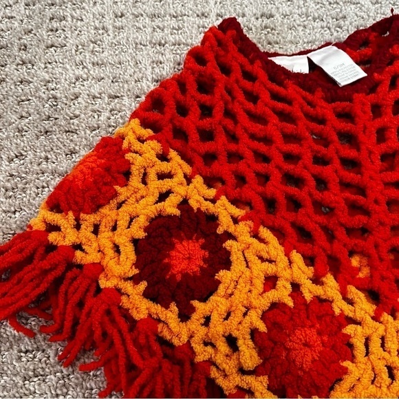 Koala Kids Orange Yellow Crochet Baby Fringed Poncho Festival Hippie 70s Fall - Picture 3 of 7